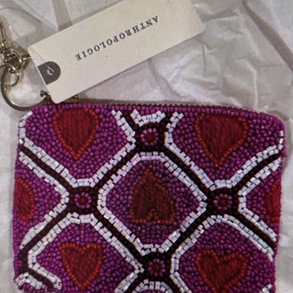 Anthropologie HEARTS Beaded Coin Purse Lucky Icons Edition Gift Card Holder pink
